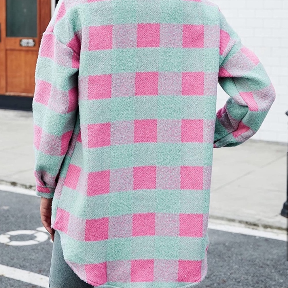 60 Oversized Soft Heavyweight Green Pink Plaid Cozy Brushed Shacket Pockets - Picture 8 of 9